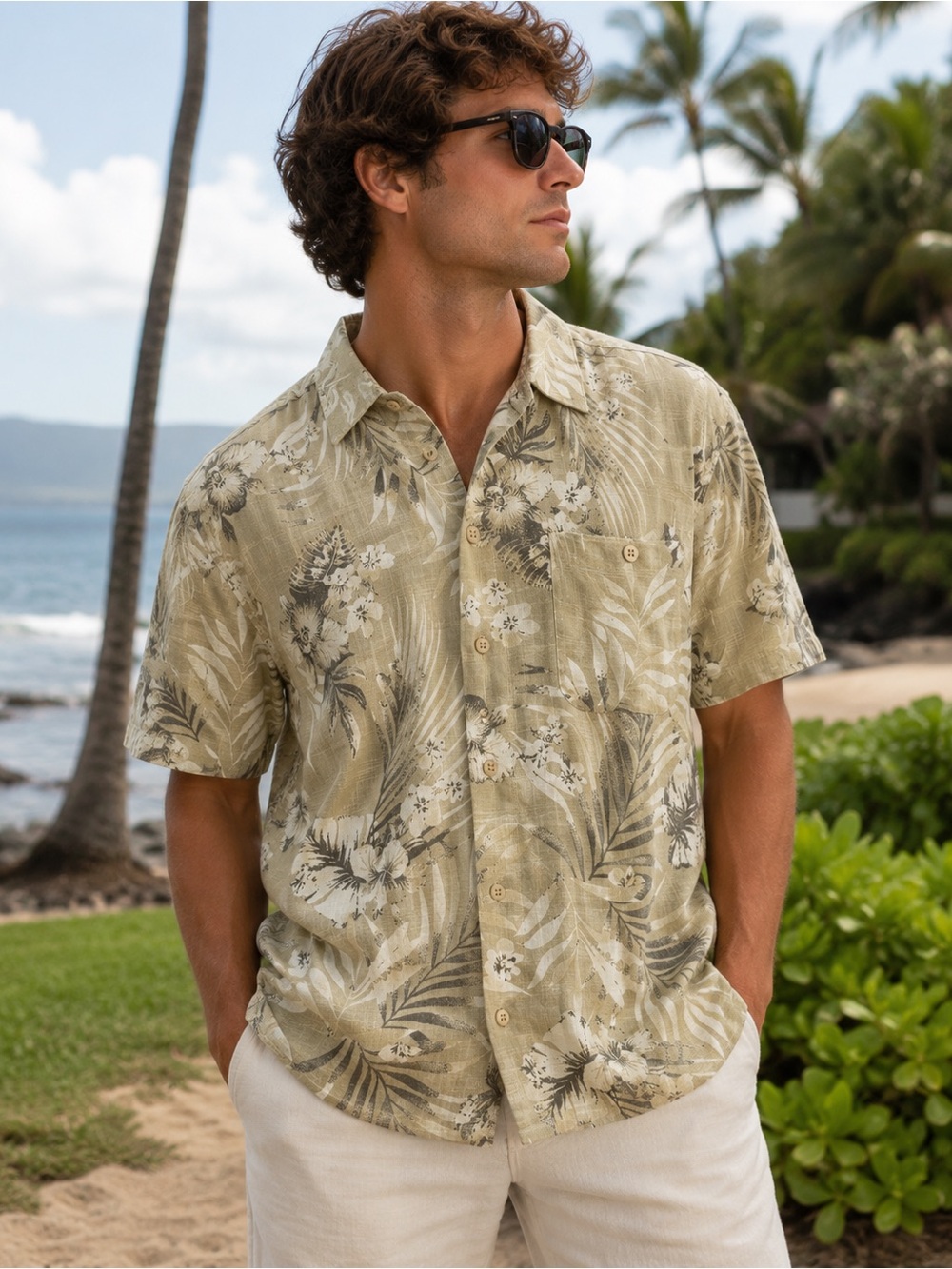 Marc Edwards Linen Rayon Hawaiian Camp Shirt Men’s Lg Tropical Floral Button Up